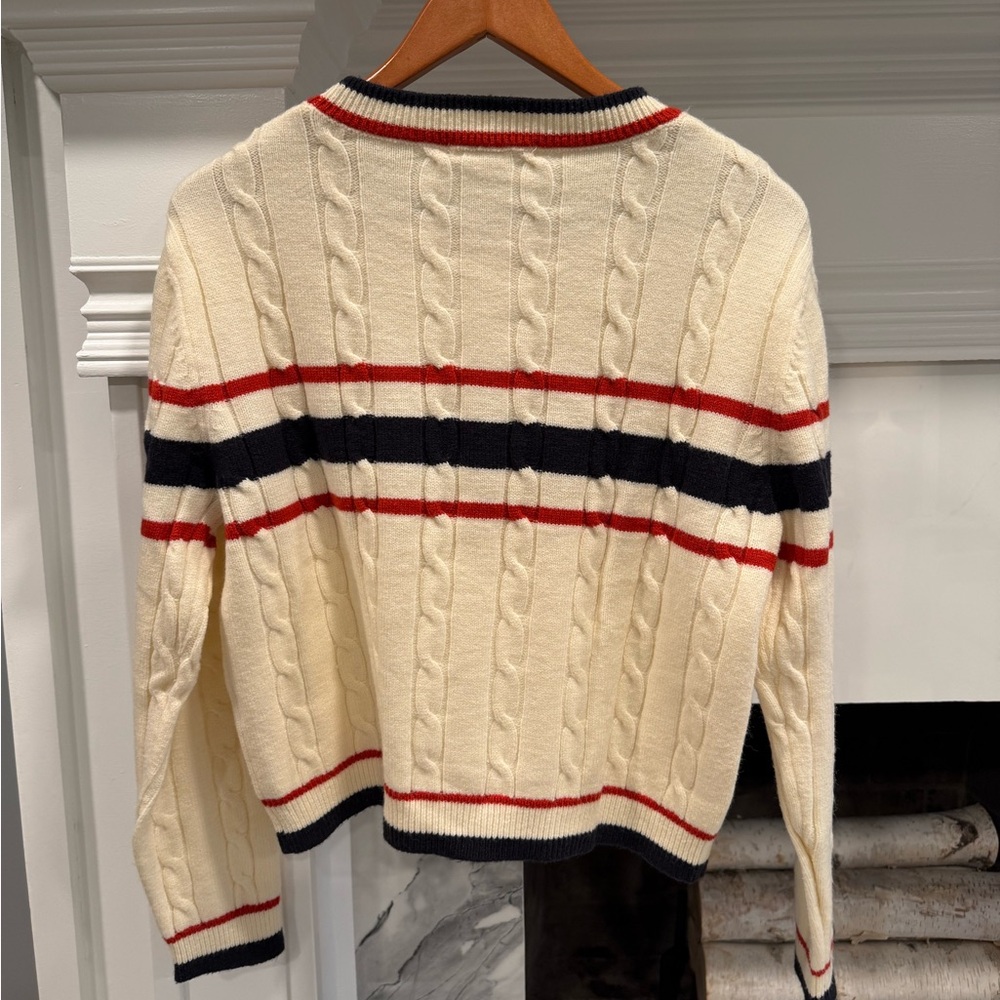 Vigoss Cream Cable Knit Sweater with Red and Navy Stripes - Picture 2 of 4